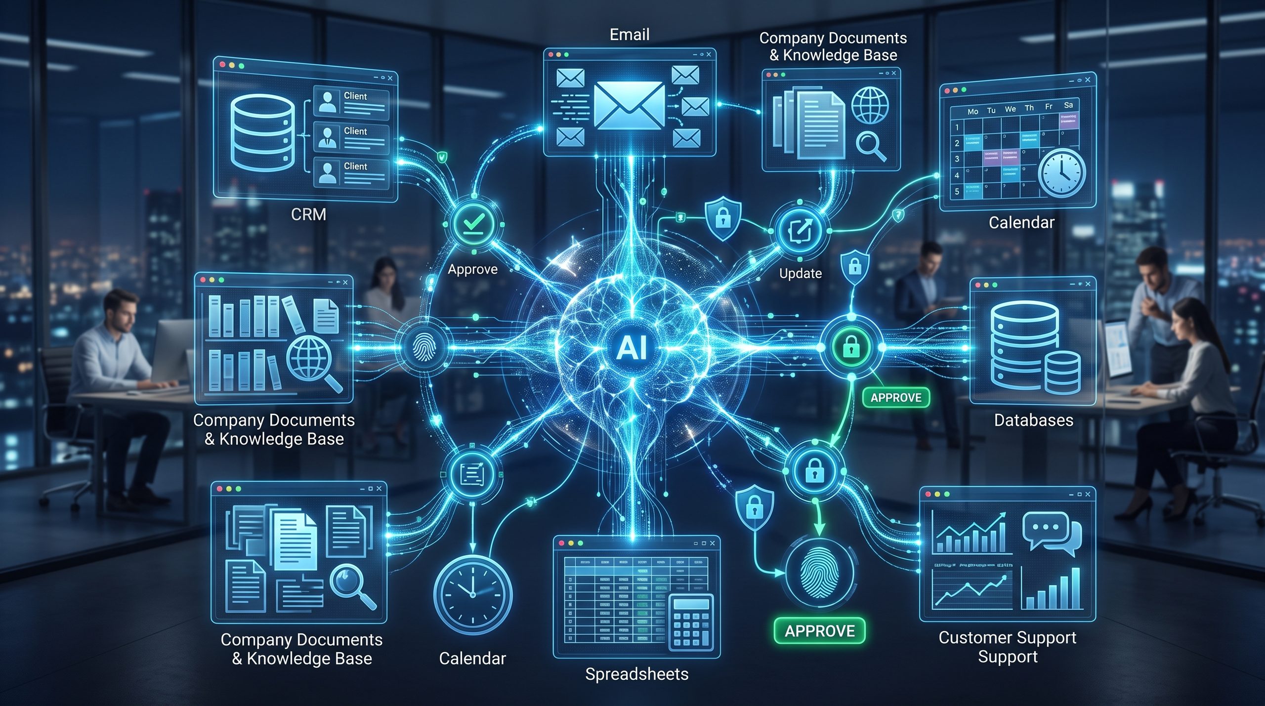 AI business agent connected to n8n workflows CRM email documents databases and business applications